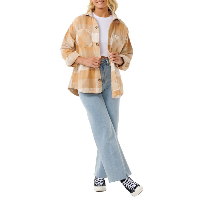 Load image into Gallery viewer, Rip Curl Women's La Isla Long Sleeve Button-Up Flannel Shirt - Beige 4