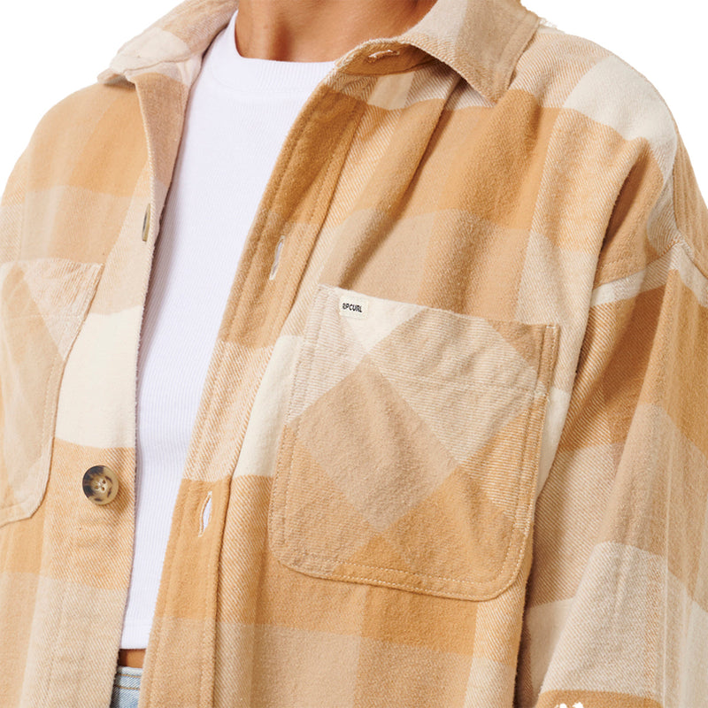 Load image into Gallery viewer, Rip Curl Women's La Isla Long Sleeve Button-Up Flannel Shirt - Beige 5
