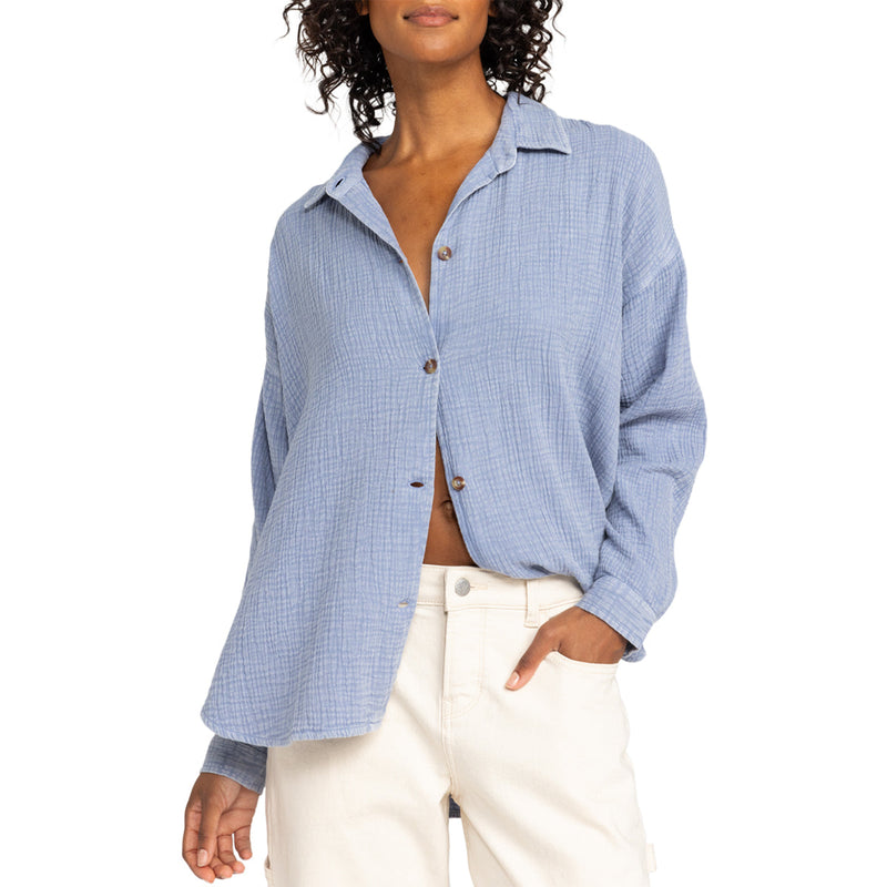 Load image into Gallery viewer, Roxy Women's Morning Time Washed Long Sleeve Button-Up Shirt