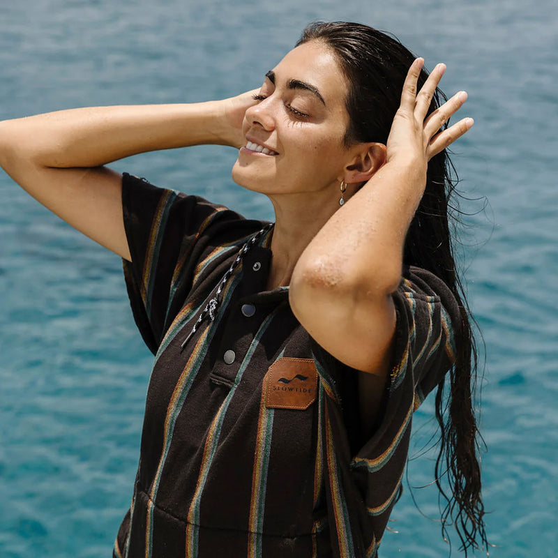 Load image into Gallery viewer, Slowtide Baja Stripe Fouta Hooded Changing Poncho