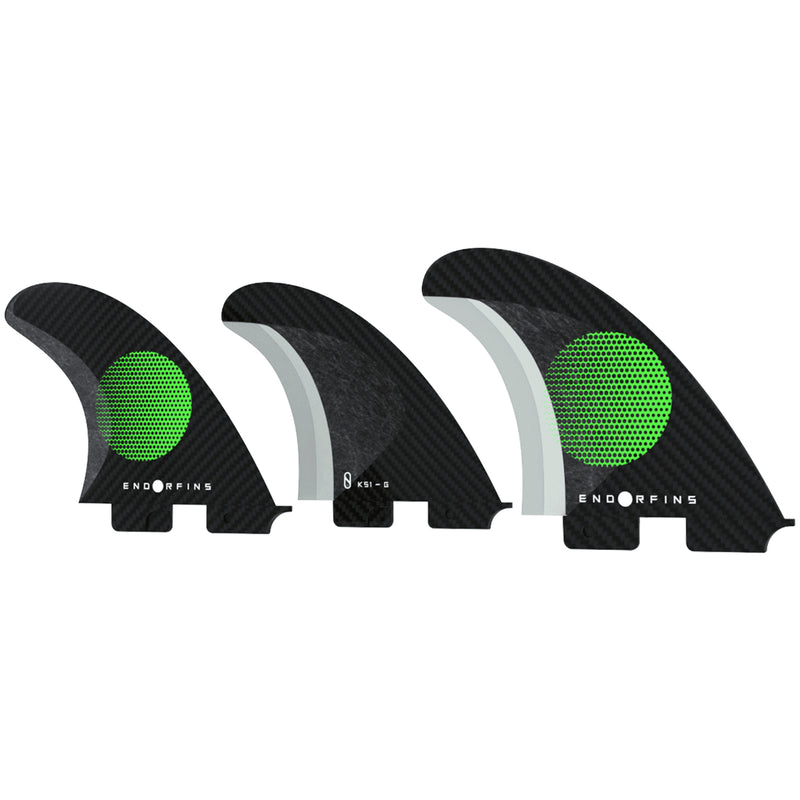 Load image into Gallery viewer, Endorfins KS1 Grom FCS II Compatible Tri Fin Set - Small - Black/Green
