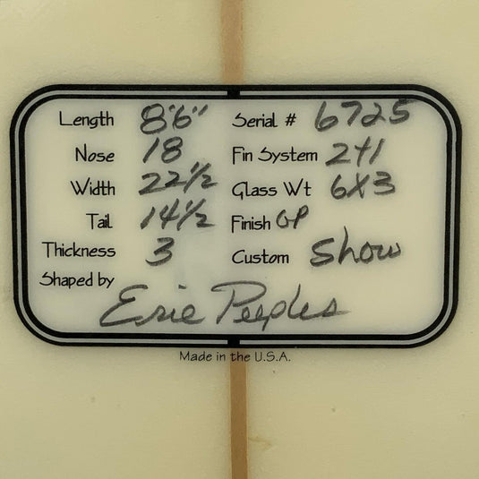 Erie Peeples Custom 8'6 x 22 ½ x 3 Surfboard • USED