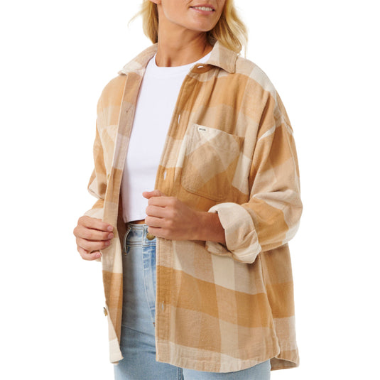 Rip Curl Women's La Isla Long Sleeve Button-Up Flannel Shirt - Beige 2