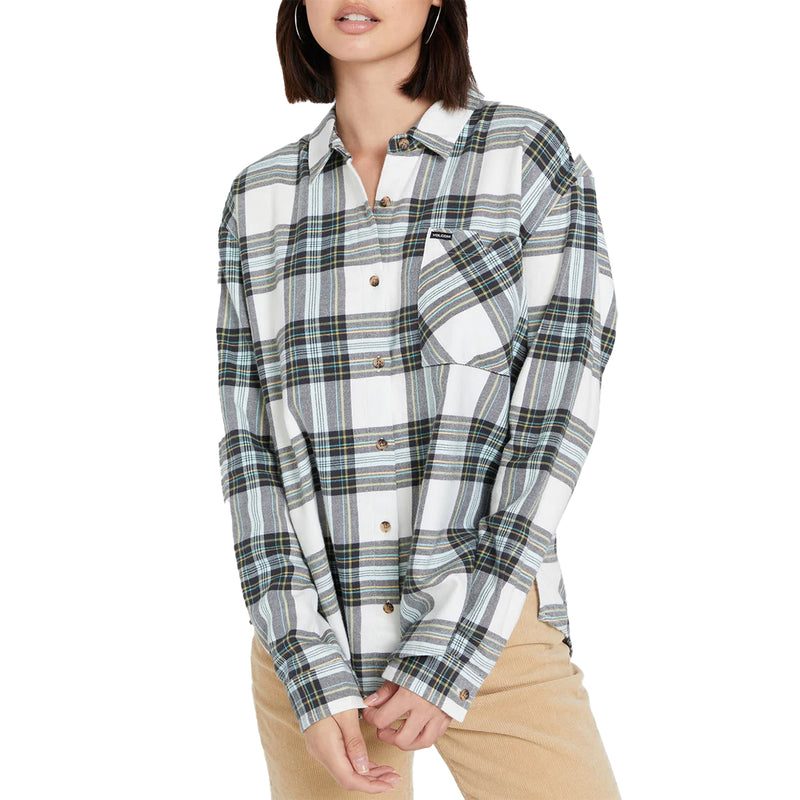 Load image into Gallery viewer, Volcom Women&#39;s Plaid To Meet U Long Sleeve Button-Up Flannel Shirt
